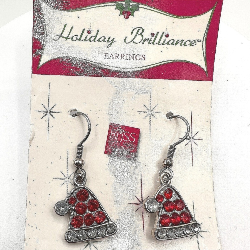 Vintage 90s Russ Holiday Brilliance Red Glass Santa Hat Dangle Earrings Jewelry